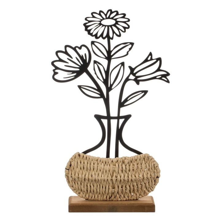 Vaza Decorativa Metalica cu Flori Decupate si Baza din Paie Naturale 35cm