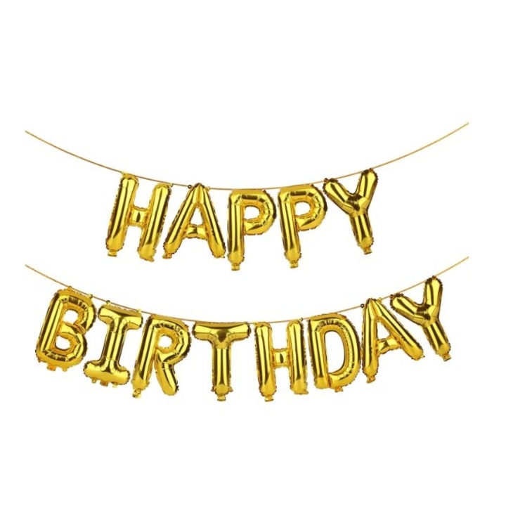 Комплект от 13 фолийни балона, Cyrax, тип гирлянд, модел "Честит рожден ден", 40 см, златисти