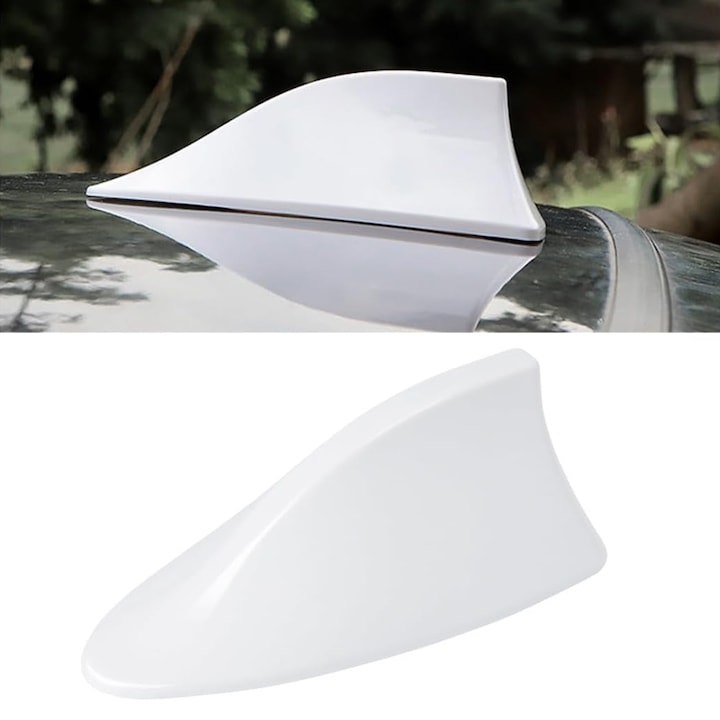 Antena Auto Universala, SINBINTA, Antena Auto Decorativa tip Coada de Rechin, AM/FM, Banda dublu adeziva 3M, Montaj rapid, Impermeabila, Calitate audio, Fara perforare, Design sportiv, ABS, 17x7x6cm, Alb
