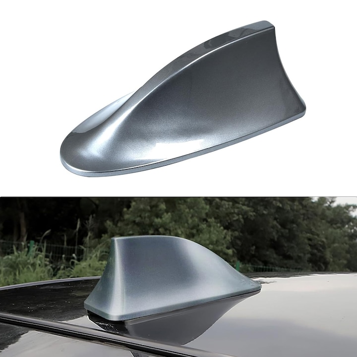 Antena Auto Universala, SINBINTA, Antena Auto Decorativa tip Coada de Rechin, AM/FM, Banda dublu adeziva 3M, Montaj rapid, Impermeabila, Calitate audio, Fara perforare, Design sportiv, ABS, 17x7x6cm, Gri