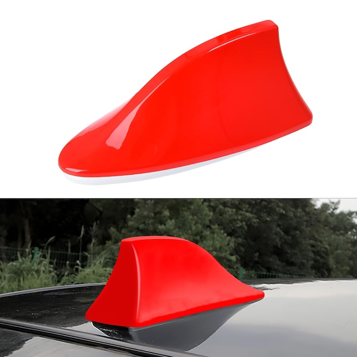 Antena Auto Universala, SINBINTA, Antena Auto Decorativa tip Coada de Rechin, AM/FM, Banda dublu adeziva 3M, Montaj rapid, Impermeabila, Calitate audio, Fara perforare, Design sportiv, ABS, 17x7x6cm, Rosu