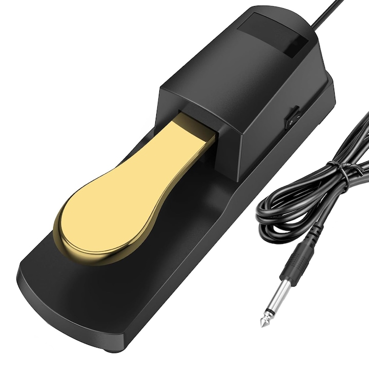 Pedala Clape Universala Sustain cu Comutator de Polaritate, SINBINTA, Zgomot redus, Design antiderapant, Cablu de 1.45m, Rezistenta la uzura, Pentru orgi si claviaturi elecronice, Otel inoxidabil/ABS, 23.2x7.4x5.8cm, Negru/Aurit