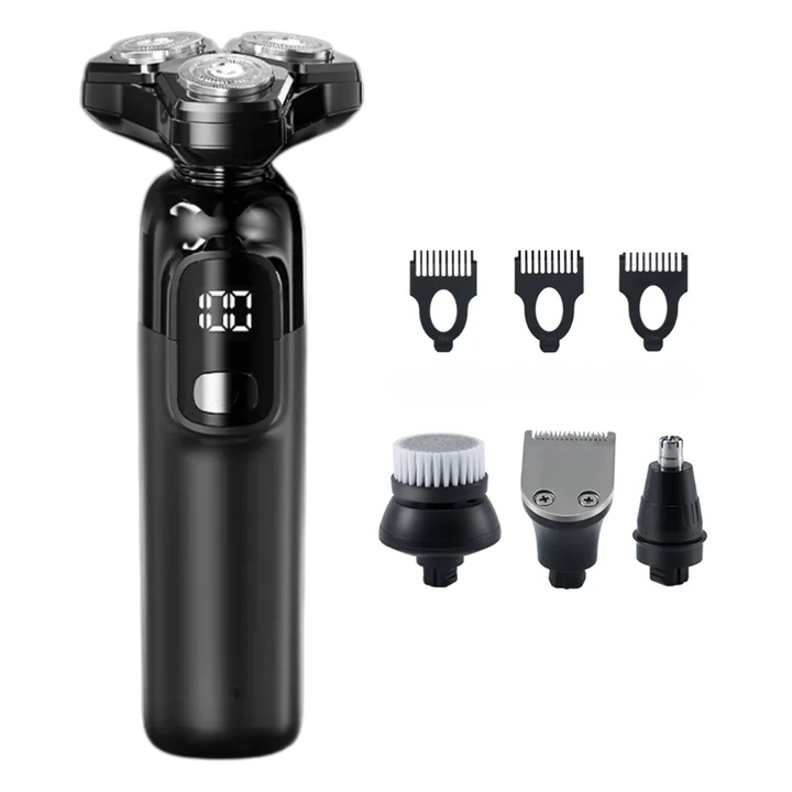 Aparat de ras profesional, multifunctional 4 in 1, 3 piepteni, lame duble, capete flotante, display LED incarcare Type-C, incarcare rapida, 800 mAh, 8W, prindere magnetica, rezistent la apa, usor de curatat, mediu uscat si umed, Negru, Production by A&A