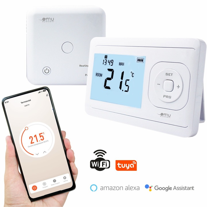 Termostat de camera digital wireless Wifi programabil Tuya, Alexa, Google, -5°C – +30°C, senzor NTC 10K, IP30, alimentare cu 2 × baterii AAA (nu sunt incluse) si USB-C