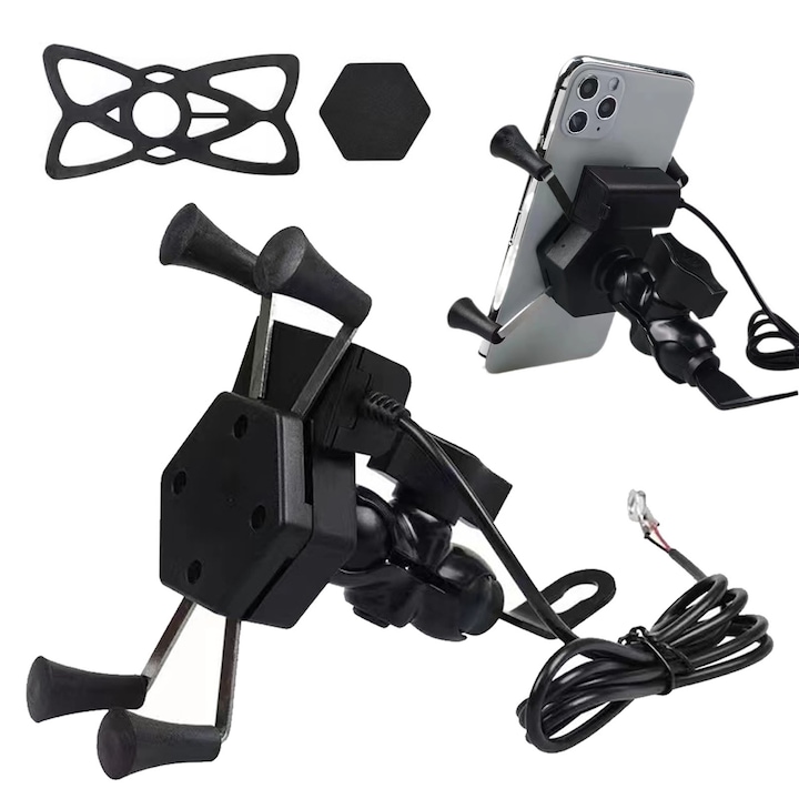 Държач за телефон за мотоциклет с USB зарядно, Axroad Mall, 360° въртене, Водоустойчив, 4 рамена, С антивибрационна система, Фиксирана и въртяща се стойка за GPS навигация за мотоциклет, велосипед, огледало или кормило, ABS, Черен