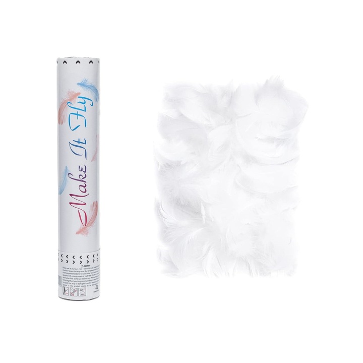 Тръба за конфети, Cyrax, с мотив от пера, 27 см, „Накарай го да лети“, бяла