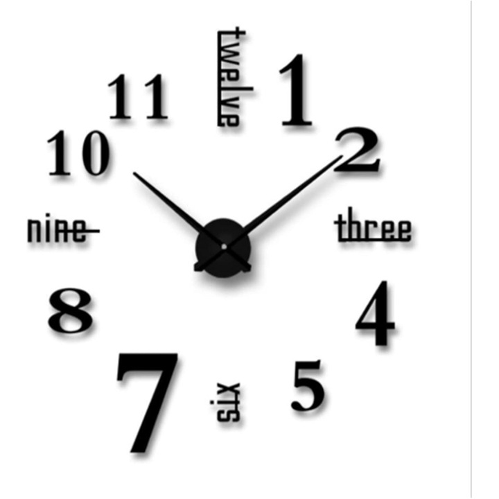 Ceas de perete Soledi, 3D, XXL, in limba engleza, pentru living, bucatarie, dormitor sau birou, culoare negru