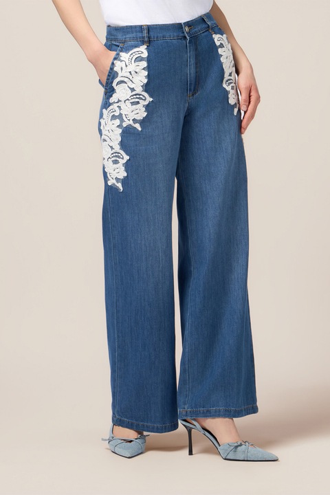 Oltre, Blugi cu broderie si croiala ampla, Alb/Albastru, 44