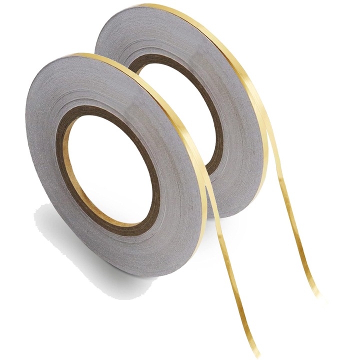 Set 2 rola banda adeziva impermeabila pentru rosturi gresie si faianta, Axroad Mall, Banda decorativa autoadeziva, Efect de oglinda rezistenta la apa, Pentru design perete, tavan, podea, mobilier, PVC, 0.5 cm x 50 m, Auriu