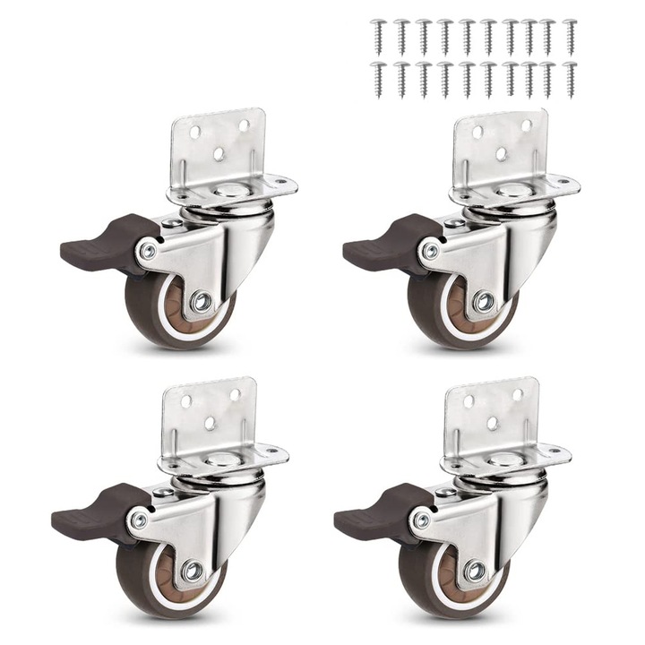 Комплект от 4 въртящи се колелца, Axroad Mall, За мебели, Със спирачки, Безшумни, Завъртане на 360 градуса, Максимално натоварване 100 кг, Неръждаема стомана/гума, 3.8х5.3 см, Кафяв/Сребрист