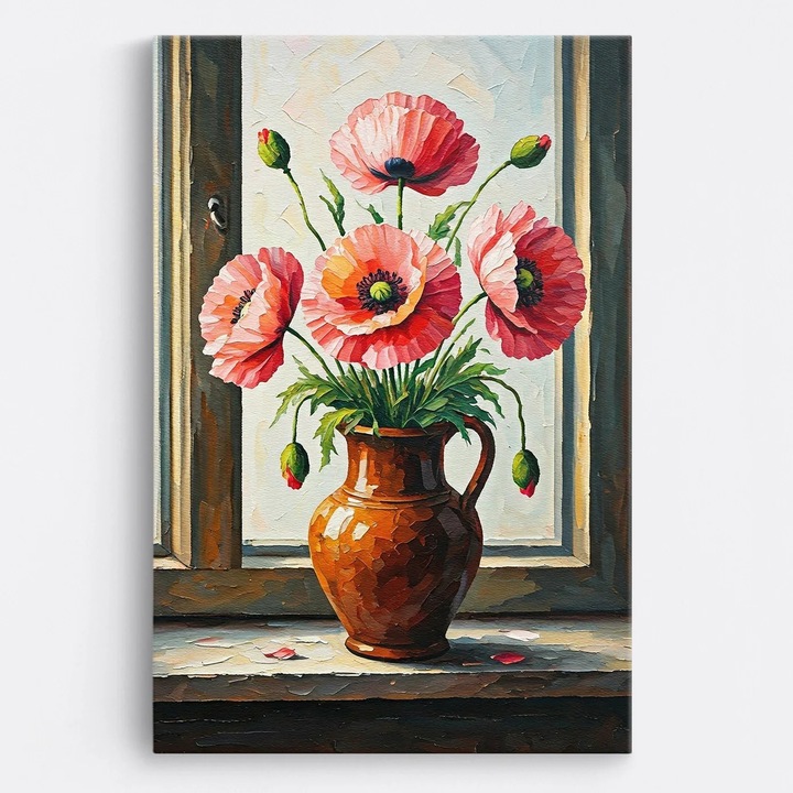 Tablou Canvas Flori WOWCanvas, Maci Roz in Vaza Ceramica Rustica, 40 x 60 cm