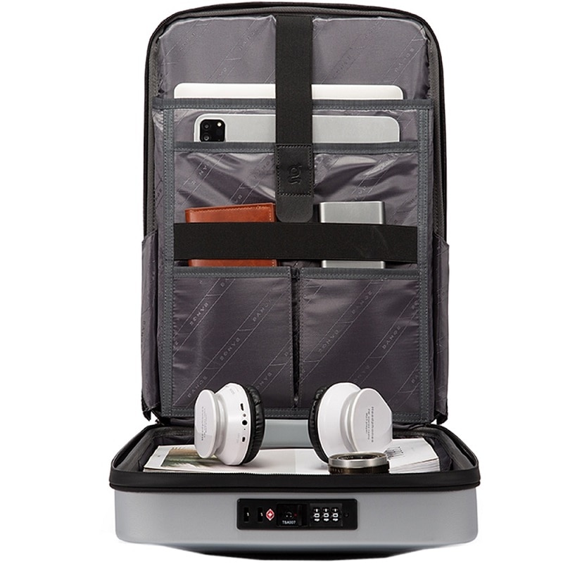 Rucsac Smart Laptop, Impermeabil, Unisex, cu Carcasa din Plastic, Sistem Antifurt, Port Incarcare USB, Sistem Fixare pe Valiza, Multifunctional, Ergonomic, Titan Auriu, Satlink