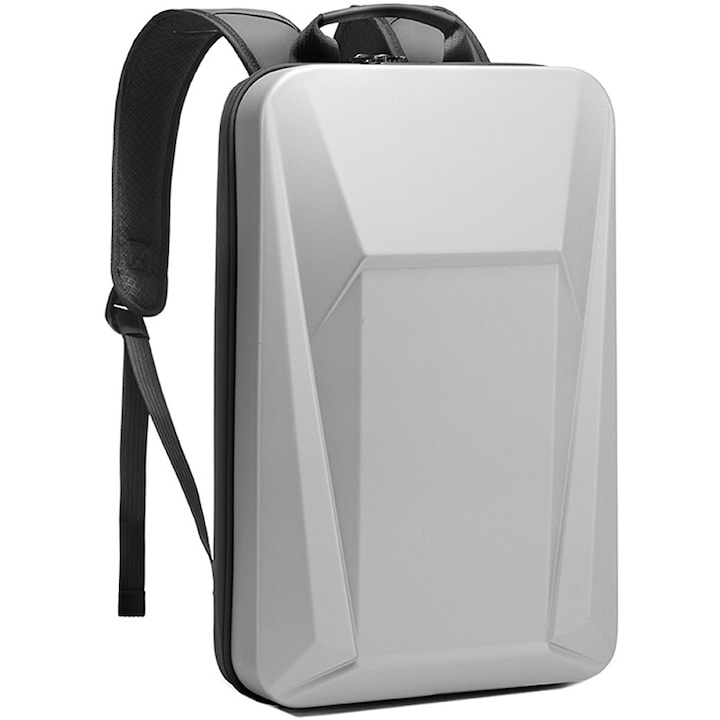 Rucsac Smart Laptop, Impermeabil, Unisex, cu Carcasa din Plastic, Sistem Antifurt, Port Incarcare USB, Sistem Fixare pe Valiza, Multifunctional, Ergonomic, Gri Argintiu, Satlink