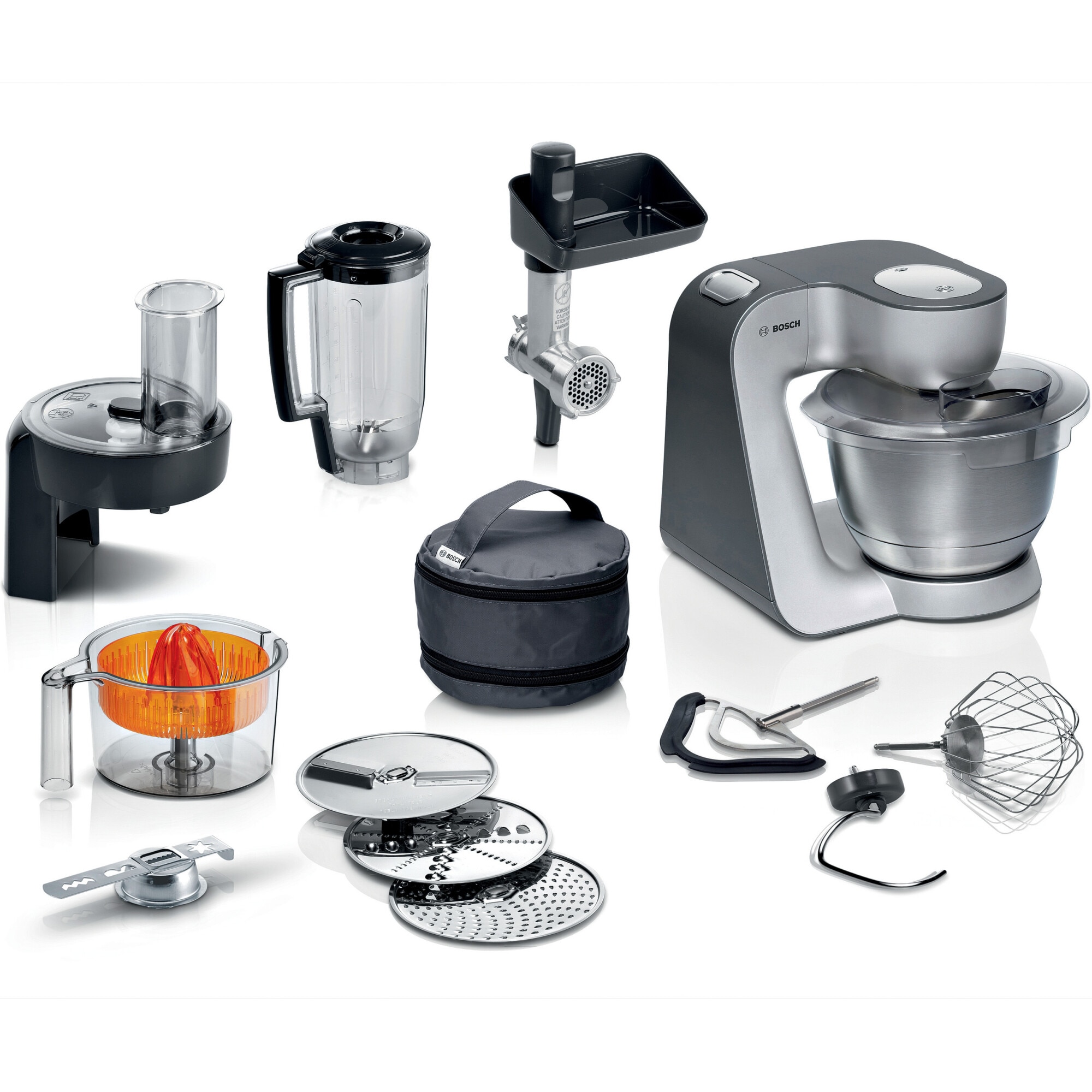 Robot de bucatarie Bosch MUM5935B, 1000 W, 7 viteze, bol 3.9 l, blender, masina de tocat, Mixare planetara 3D, Argintiu/Negru