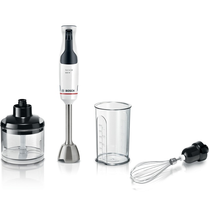 Миксер Bosch, ErgoMaster MSM4W221, 600 W, Мини чопър, Градуирана купа, 4-странен нож QuattroBlade System, Черна/Сребриста бъркалка