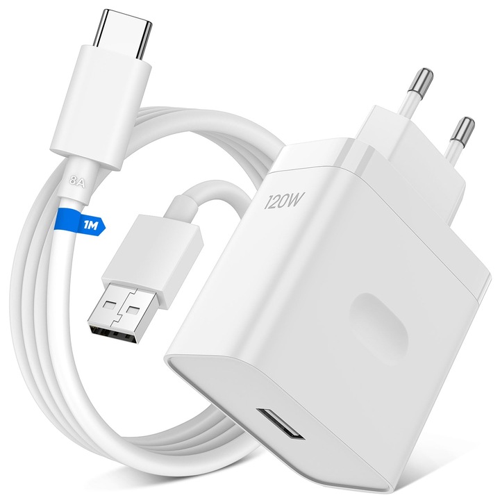 Зарядно устройство Supervooc 120W USB с 8A USB C кабел, 1 м, за Realme GT 7 Pro 6 6T 14 12 pro+ 12+ 12X за OnePlus 13 12 12R 11 10 Nord CE 4 3 Lite, зарядно устройство Supervooc Super Flash за Oppo Reno12 11F 10 Pro