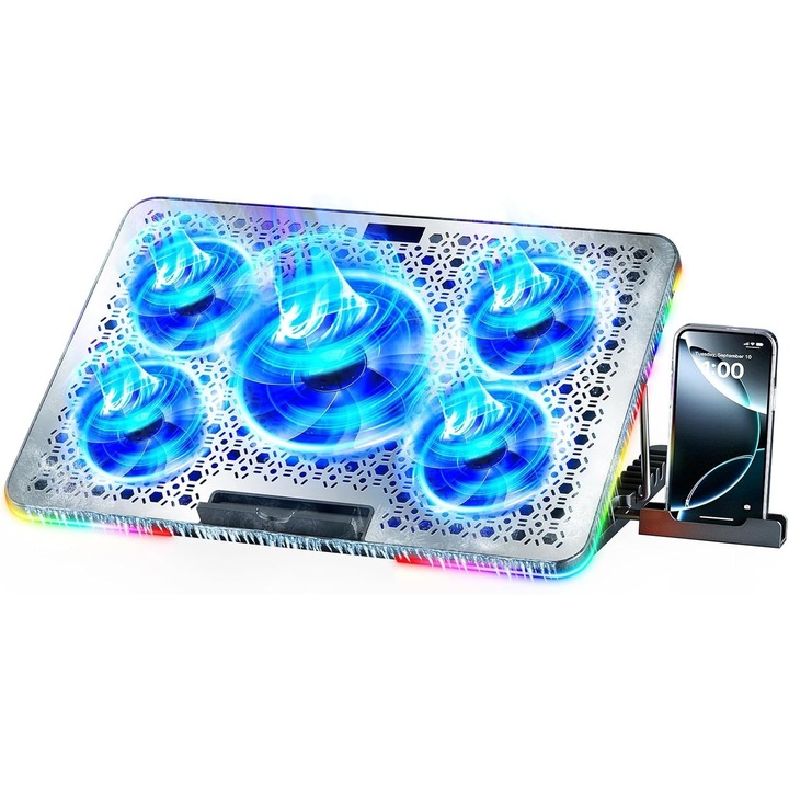 Cooler Laptop Gaming RGB, Dimensiuni Compatabile 12-17.3 inch,5 ventilatoare silentioase, 7 Inaltime reglabila, 4 moduri de iluminare RGB, 2 Port USB, Suport telefon incorporat, Argint