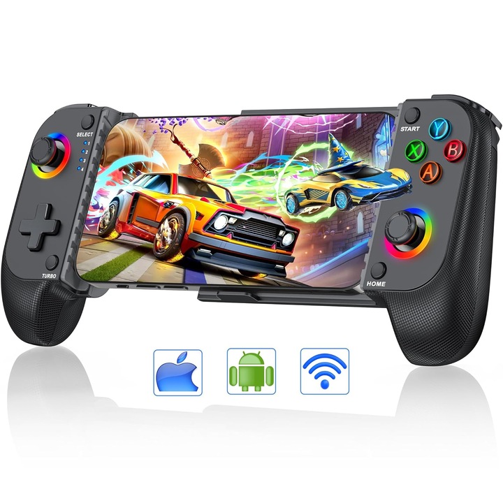 GamePad Játékvezérlő Android Telefonhoz, iOS-hez, PC-hez, PS-hez, Nintendo Switchhez, Bluetooth, Vezeték nélküli, Kihúzható 135-175 mm-re, Fekete