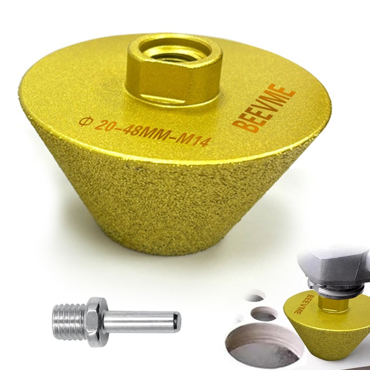 Burghiu diamantat, conic, pentru sanfrenare si debavurare, compatibil cu polizoare unghiulare si bormasini, potrivit pentru marmura, granit, ceramica si sticla, filet M14, 20-48 mm