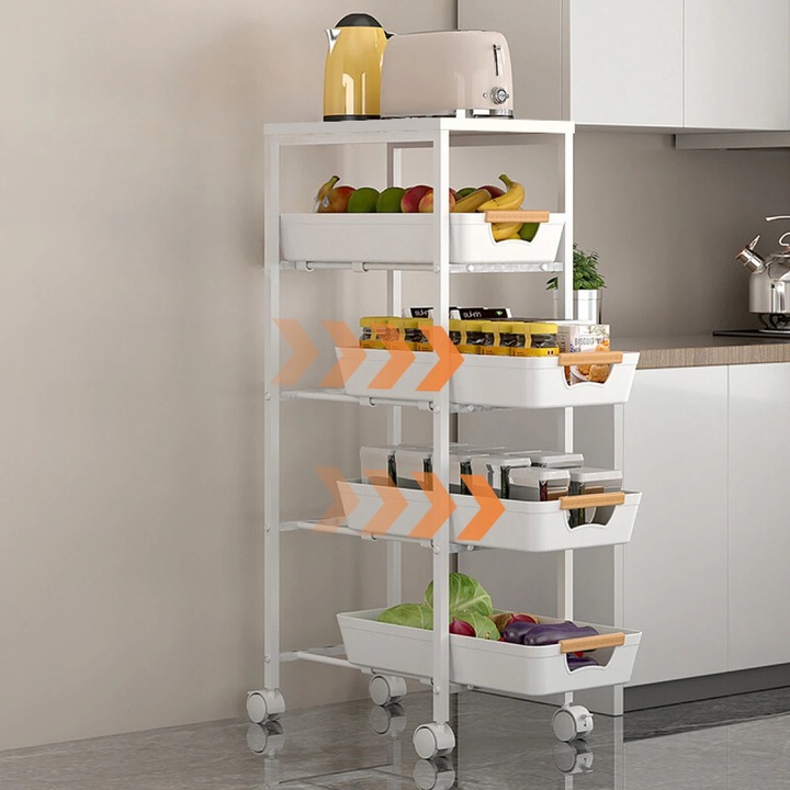 Тънка преносима стойка с 5 нива, 4 прибиращи се рафта и 1 MDF рафт, въртяща се на 360°, 38 (Д) x 23,5 (Ш) x 81,5 (В) см, бяла