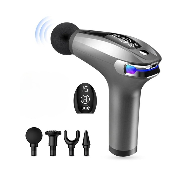 Aparat pentru Masaj Profesional Tip Pistol, 8 Viteze, 4 Capete Interschimbabile, Masaj Muscular, Anticelulitic, 3200 Percutii/Minut, Portabil, Silentios, Gri, Impact Vision®