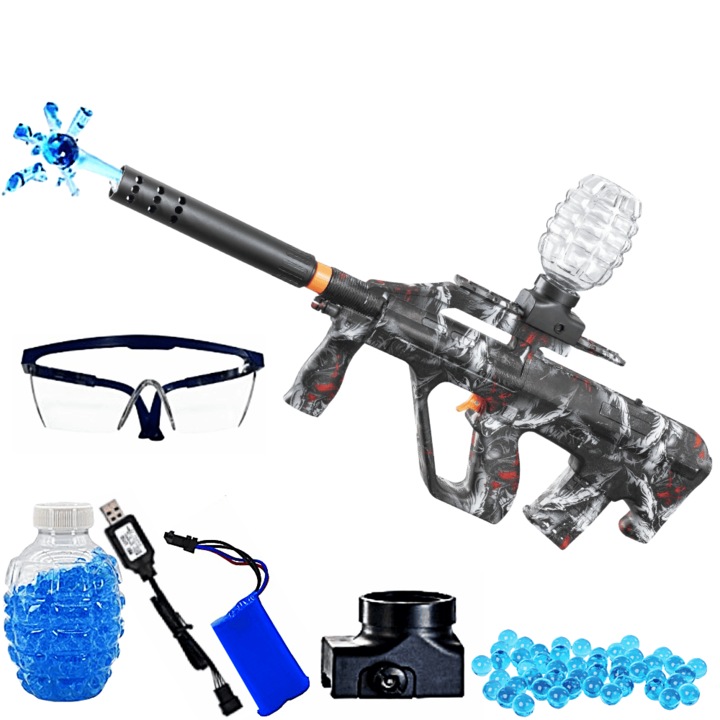 Pusca Electrica Automata de Jucarie cu Bile de Gel de Apa cu Acumulator 7,4V Tip Mitraliera, Orbeez, Tragere in Rafala Gel Blaster, 5000 de bile incluse, Ochelari de Protectie, Cablu de Incarcare Distanta de Tragere 20 Metri Skin Negru/Gri SprintMag®