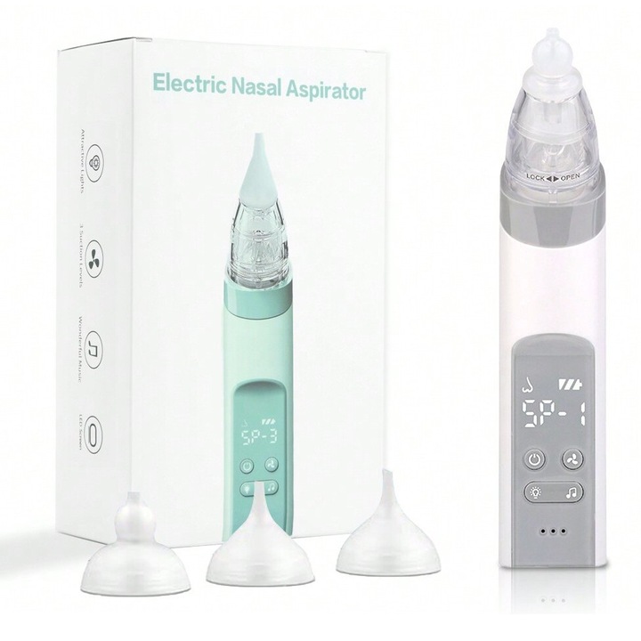 Aspirator nazal electric pentru bebelusi SuooTci, 3 niveluri de aspiratie, functie de muzica si lumina, alb