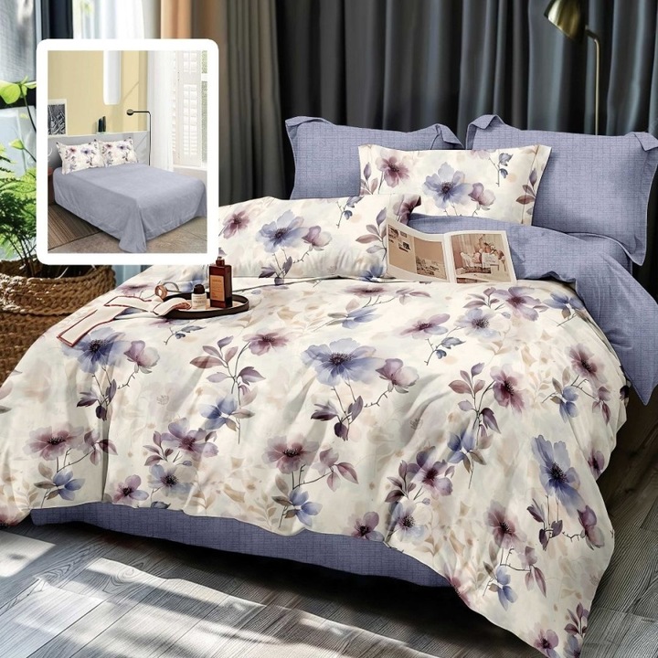 Kétszemélyes ágynemű finom lenből, orgonalila virágokkal, 220 x 240 cm, 6 darab, Lenerii Deosebite, ELEONOR