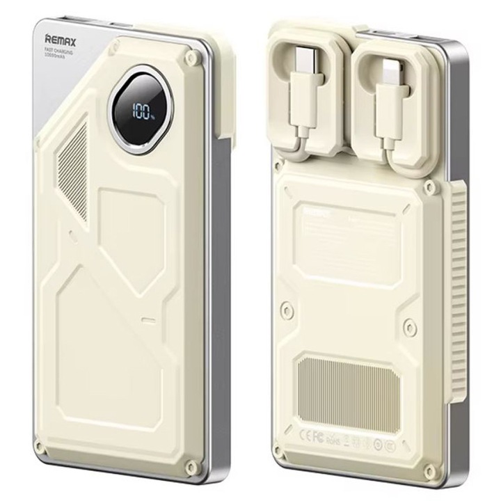 Remax FCP-12 akkumulátor, 10 000 mAh-s külső akkumulátor, beépített kábelek, USB és Type-C port, LED kijelző, krémszínű