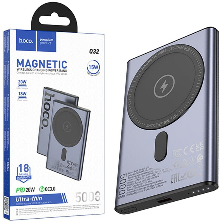 Baterie Magnetica HOCO Q32, Capacitate 5.000mAh, Indicator LED, Port Type-C, Negru