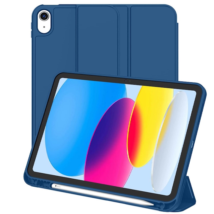 Калъф-книга с държач за писалка за Apple iPad Air 10.9" и iPad Air 11", пълна защита, сгъваем, тъмносин
