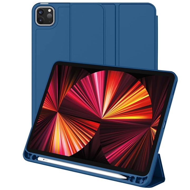 Husa tip Carte cu Suport Pix pentru Apple iPad Pro 12.9" si iPad Air 13", Protectie completa, Pliabila, Bleumarin