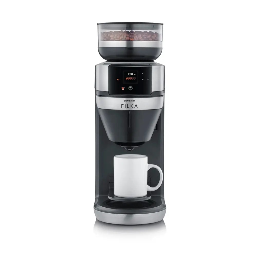 Cafetiera cu rasnita Severin, compatibila cu cafea boabe/macinata, capacitate rasnita 235 g, rasnire reglabila, setare aroma 5 trepte, carafa sticla, timer, panou de control senzor touch, accesoriu utilizare cana/ceasca/termos, filtru lavabil, inox