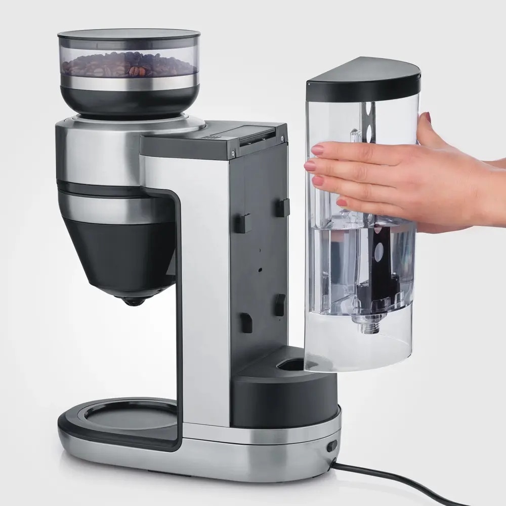 Cafetiera cu rasnita Severin, compatibila cu cafea boabe/macinata, capacitate rasnita 235 g, rasnire reglabila, setare aroma 5 trepte, carafa sticla, timer, panou de control senzor touch, accesoriu utilizare cana/ceasca/termos, filtru lavabil, inox