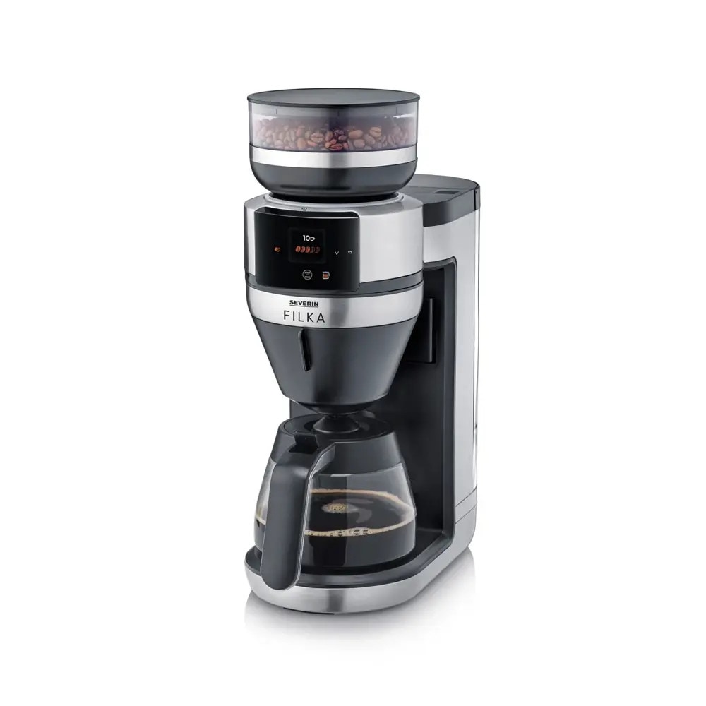 Cafetiera cu rasnita Severin, compatibila cu cafea boabe/macinata, capacitate rasnita 235 g, rasnire reglabila, setare aroma 5 trepte, carafa sticla, timer, panou de control senzor touch, accesoriu utilizare cana/ceasca/termos, filtru lavabil, inox