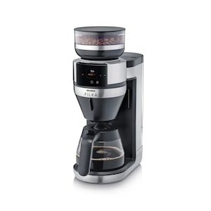 Cafetiera drip coffee cu rasnita Severin, Filka, compatibila cu cafea boabe/macinata, capacitate rasnita 235 g, rasnire reglabila, setare aroma 5 trepte, carafa sticla, timer, panou de control senzor 
