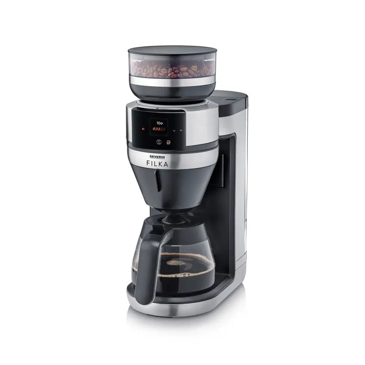 Cafetiera drip coffee cu rasnita Severin, Filka, compatibila cu cafea boabe/macinata, capacitate rasnita 235 g, rasnire reglabila, setare aroma 5 trepte, carafa sticla, timer, panou de control senzor touch, accesoriu utilizare cana/ceasca/termos, inox