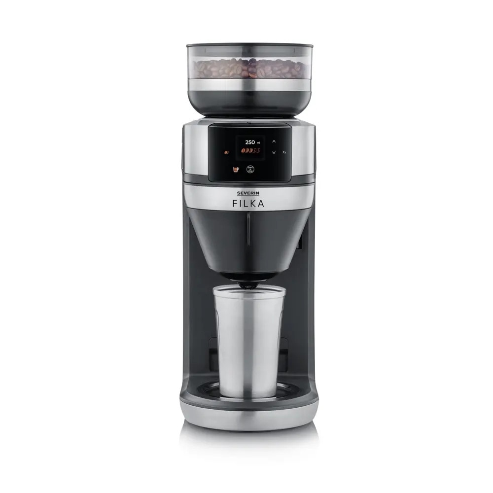 Cafetiera cu rasnita Severin, compatibila cu cafea boabe/macinata, capacitate rasnita 235 g, rasnire reglabila, setare aroma 5 trepte, carafa sticla, timer, panou de control senzor touch, accesoriu utilizare cana/ceasca/termos, filtru lavabil, inox