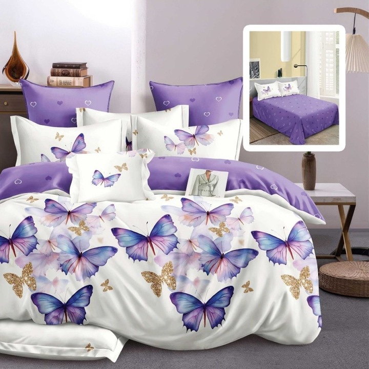 Kétszemélyes ágyneműhuzat finom anyagból, lila pillangókkal, 220 x 240 cm, 6 darab, Lenerii Deosebite
