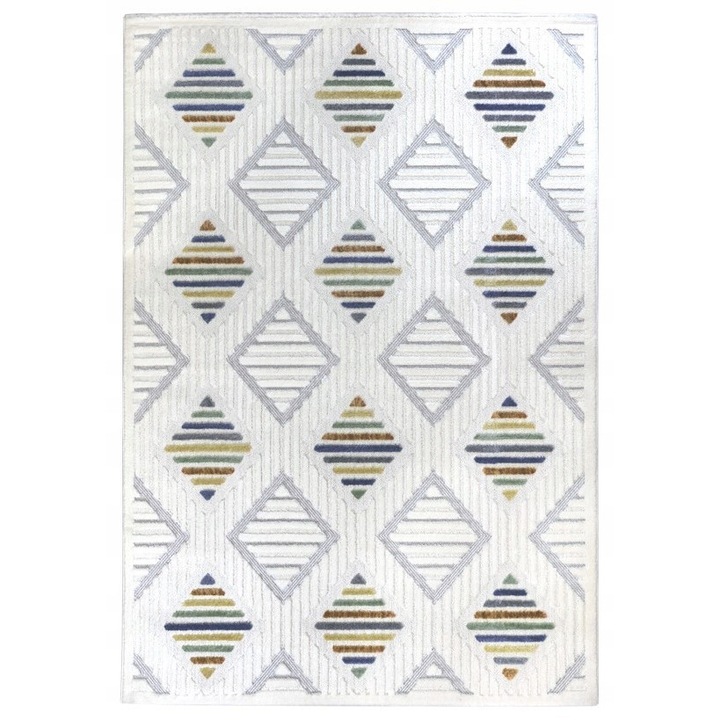 Covor, Seta Hali, DESIRE 24659A, 80x150 cm, Bej Crem/Multicolor, Destinat Pentru Camera De Zi, Dormitor, Hol, Bucatarie, Material Poliester, Design Geometric, Structura In Doua Niveluri, Calitate Superioara, Rezistent La Pete, Usor De Intretinut, 1.5 kg