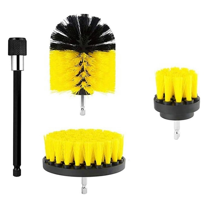 Set 4 Perii Rotative, OPTIM SOLUTION, de Curatat Suprafete, Covoare, Polipropilena cu Fibre Rezistente la Acizi, cu Adaptor, 3 x Perie, Extensie Inclusa, Diferite Marimi, Eficienta Ridicata, pentru Bormasina, Surubelnita de 1/4 inch, Autofiletanta, Galben