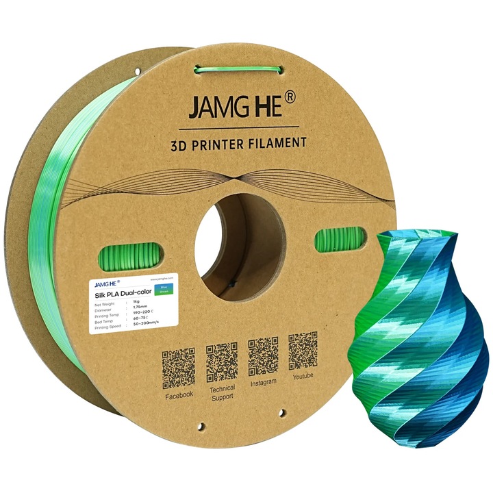 Филамент PLA, Jamghe, Silk, двуцветен, синьо-зелен, 1.75 мм, 1000 g