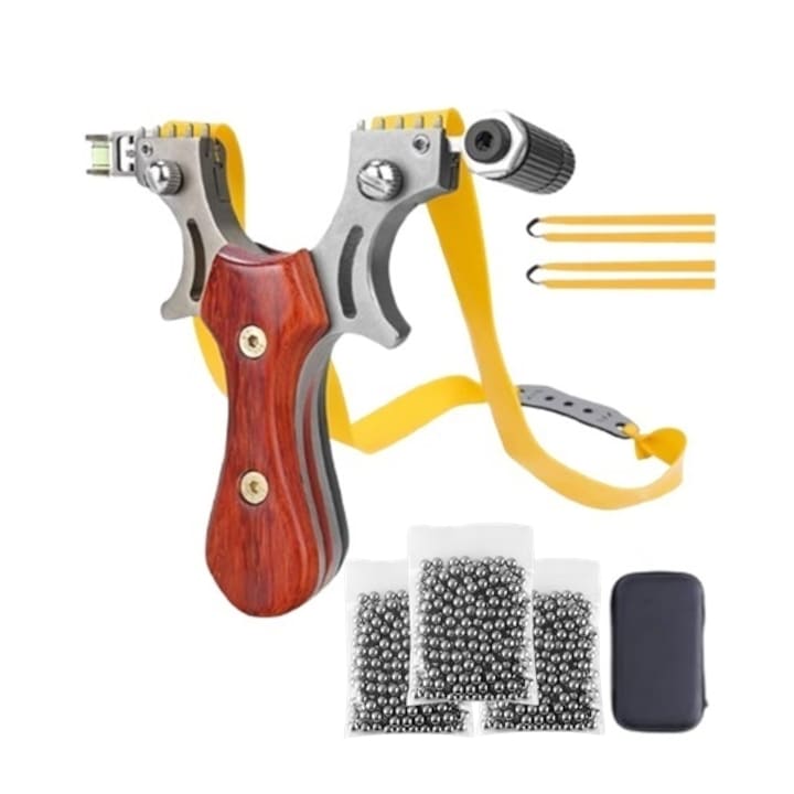 Комплект метални прашки с лазер и 300 метални топчета 6 мм, 12 см, прашка, дървена дръжка, кафяв, калъф включен