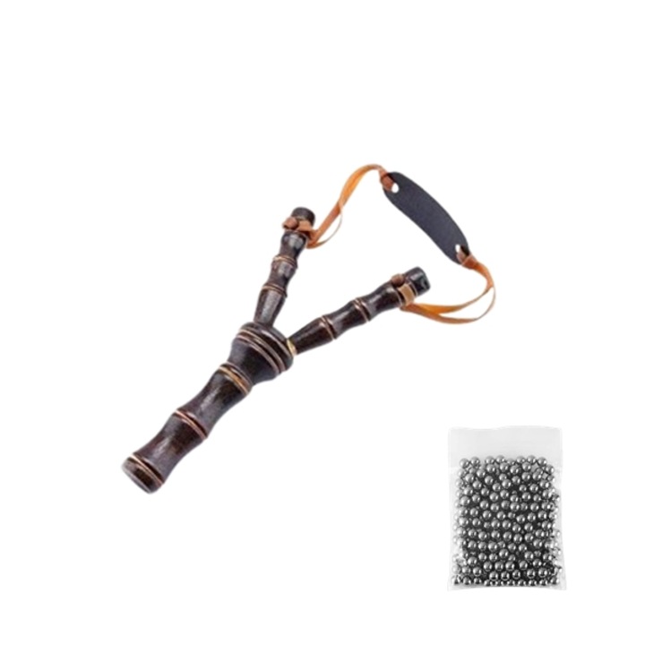 Комплект дървена прашка и 100 метални топчета за страйкбол Depox, 7 мм, 19 см, Кафяв