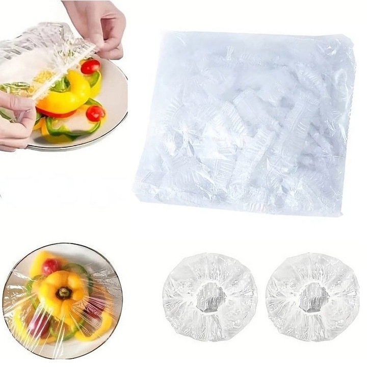 Set 100 Folii de Protectie pentru Boluri / Farfurii / Alimente, inclusiv Congelator, Comando Home, fara Miros, cu banda Elastica, inchidere Ferma, Transparente, Lungime 12-40 cm