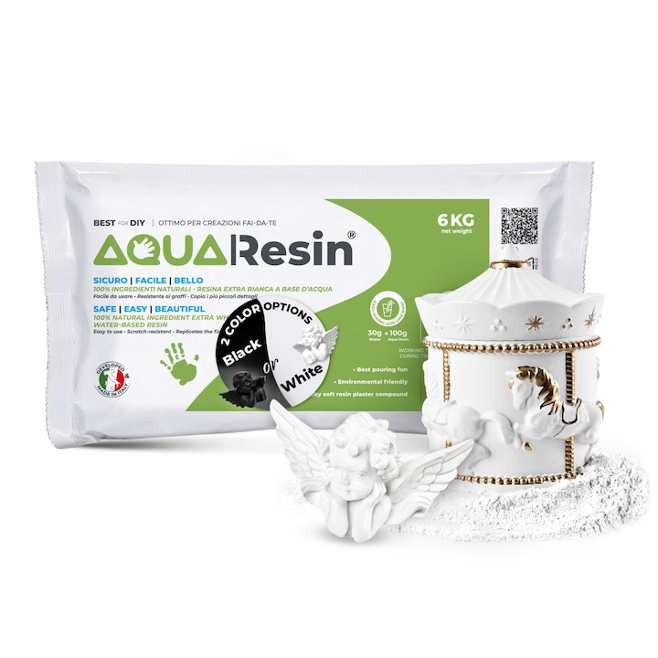 AQUA RESIN – Gips Alfa (Rasina Minerala Alba, 6 kg) | Efect Portelan Satinat, gata doar cu Apa | Sigur si Netoxic | Alb Imaculat si Colorabil | Pentru DIY, Matrite, Obiecte Creative