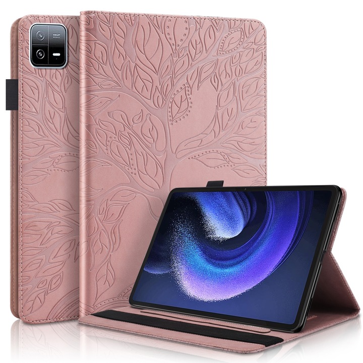 Husa tableta pentru Xiaomi Pad 6/Pad 6 Pro, serie Life Tree, din piele orizontala, roz aurie