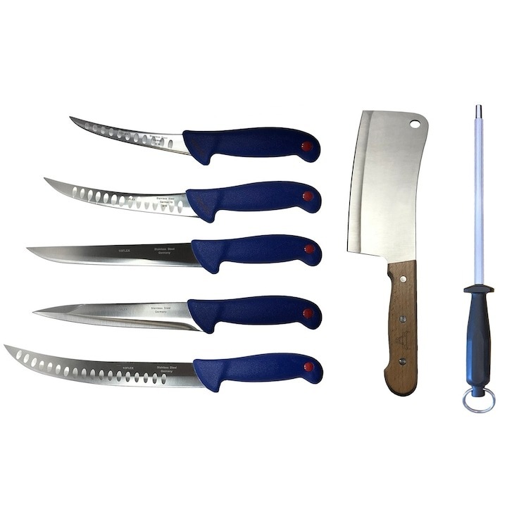 Pachet profesional pentru macelarie, dezosat, injunghiat, transat, filetat, 5 cutite, masat pentru ascutit, satar, Dactylion®