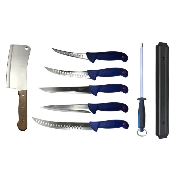 Pachet profesional pentru macelarie, dezosat, injunghiat, transat, filetat, 5 cutite, suport magnetic, masat pentru ascutit, satar, Dactylion®