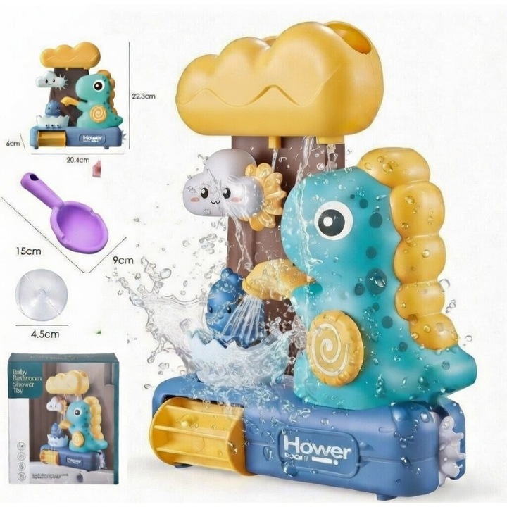 Jucarie Dinozaur de Baie, Prindere cu Ventuze, Cascada de Apa, Cupa Inclusa, Dezvolta Creativitatea si Imaginatia, pentru Copii si Bebelusi, ATAUSD, + 6 luni, 23 x 20 cm, Multicolor